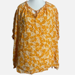 Terra & Sky Women's‎ Plus Size Orange Floral Puff Sleeve Peasant Top